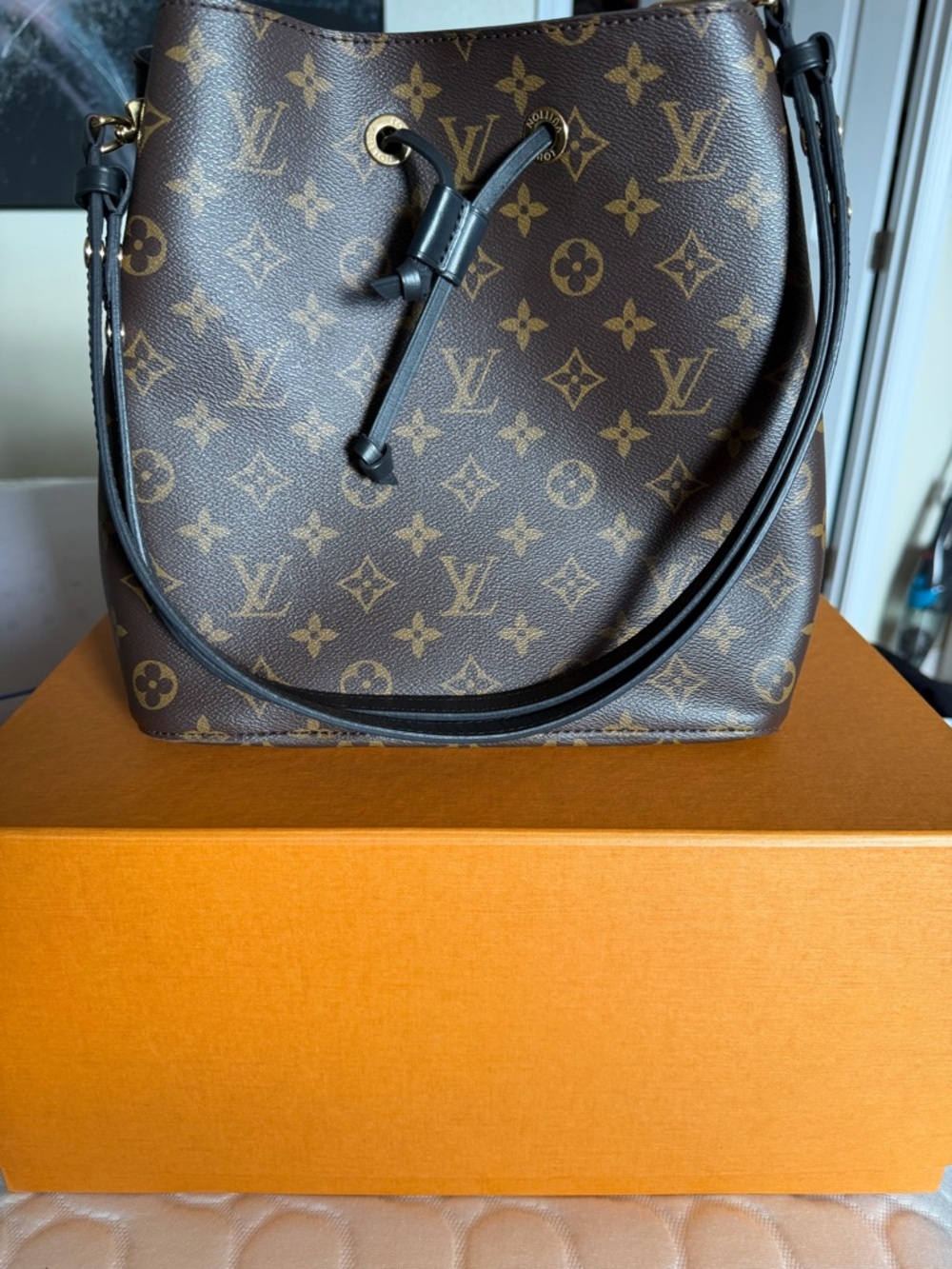 Louis Vuitton Monogram Bucket Bag in Brown and Black with Gold Hardware
